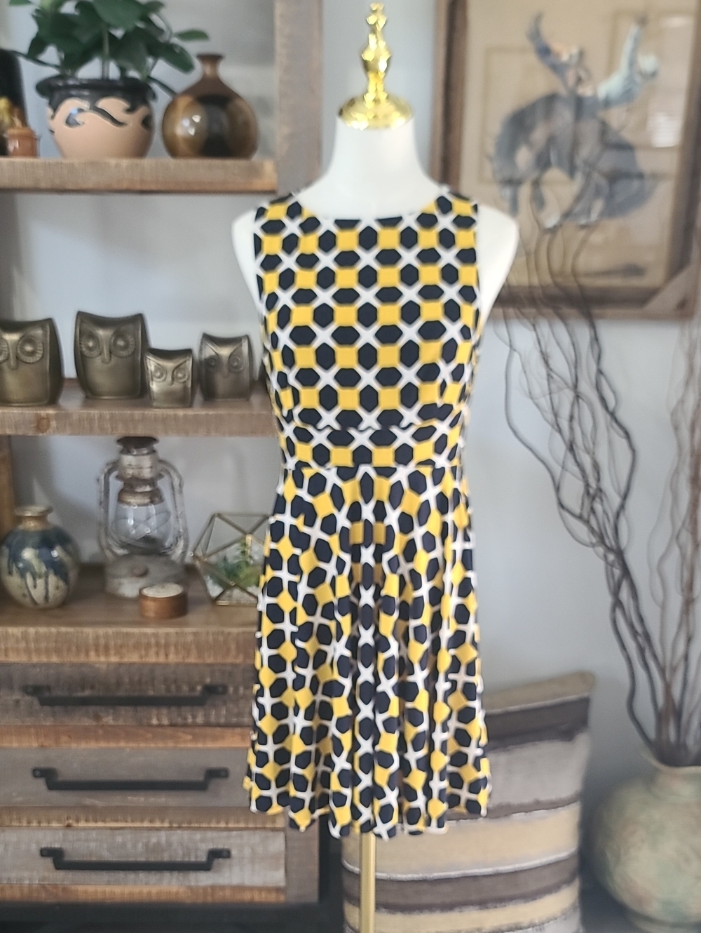 JM Collection Yellow and Black Geometric Midi Dress